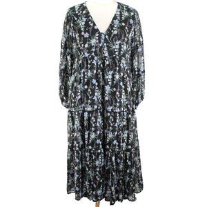 Arula Maxi Dress Size X XL Black Blue Floral V Neck Long Sleeve Tiered Chiffon